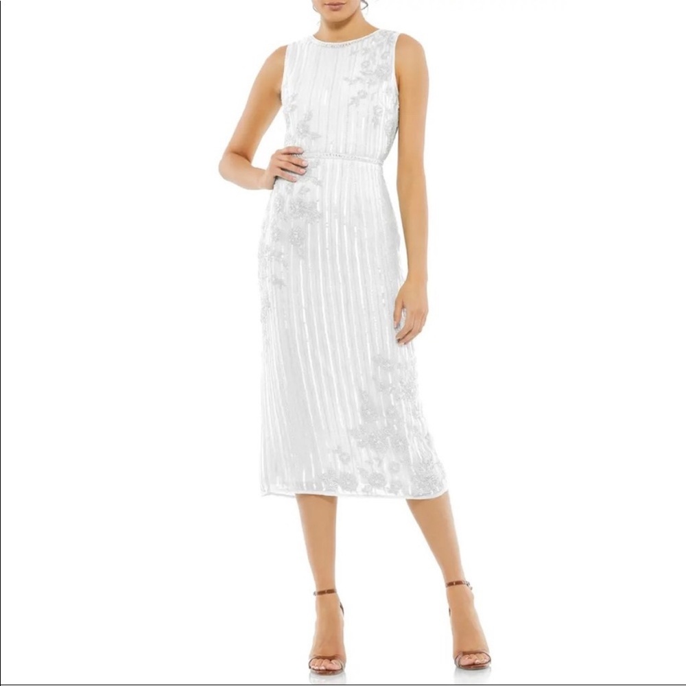 Max Duggal Floral Striped Embellished Sleeveless Midi White Dress